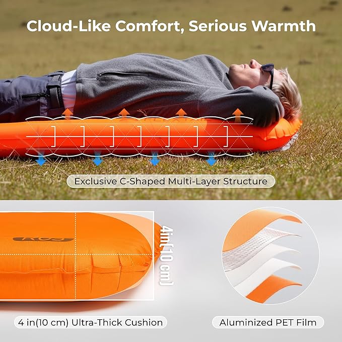 FLEXTAILGEAR Ultralight Backpacking Sleeping Pad with 5.6 R-Value, Insulated Camping Pad, 4 in Thick 77 in Long Inflatable Sleeping Mat, 19.6 oz Lightweight Compact Pad for Backpacking & Hiking