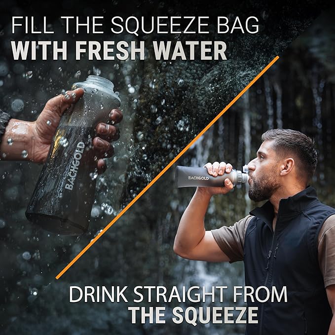 Water Filter Camping – Bachgold Squeeze Foldable Squeeze Bottle | Ultralight Backpacking Filtration for Hiking, Survival & Emergency | Dual-Stage Filtration, Swiss Design
