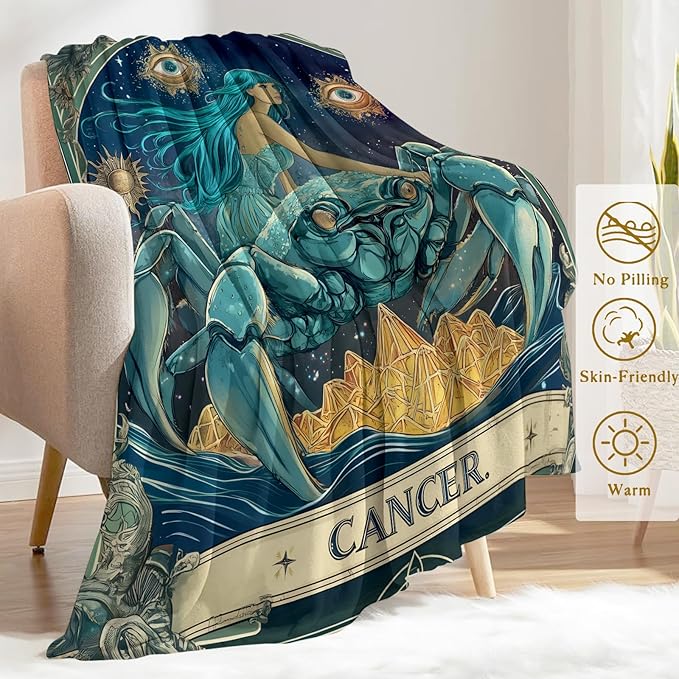 Cancer Zodiac Fleece Blanket - Lightweight Soft Cozy Gifts Throw for Astrology Lovers,Women,Men,Crab Starry Sky Tarot Blankets,Home Room Modern Artistic Bold Celestial Decor 60x80in