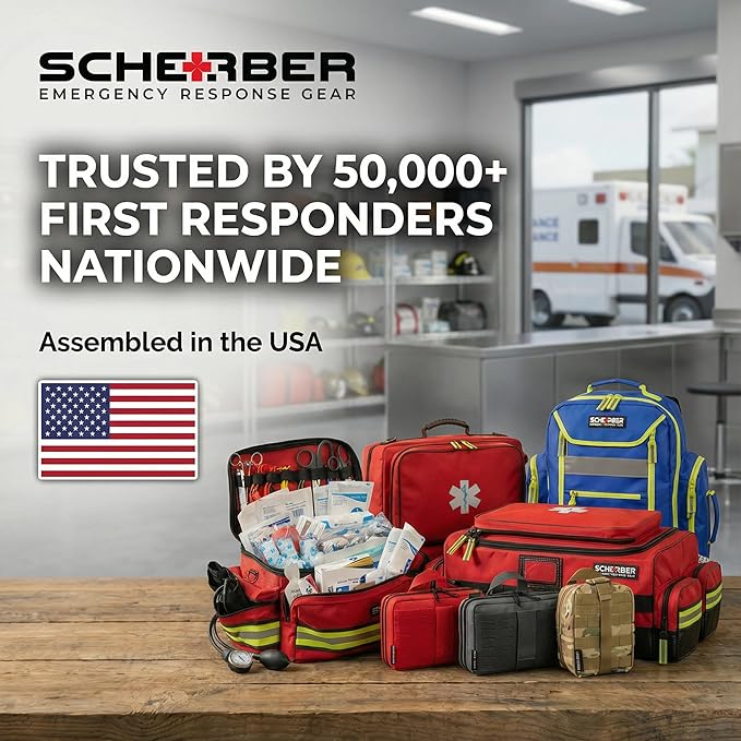 Scherber Fully-Stocked Premium First Responder Backpack | EMT/EMS Medic Trauma & Oxygen Medical Professional Kit | Bag w/ 4 Color-Coded Removable Pouches, O2 Storage, & 250+ First Aid Supplies - Red