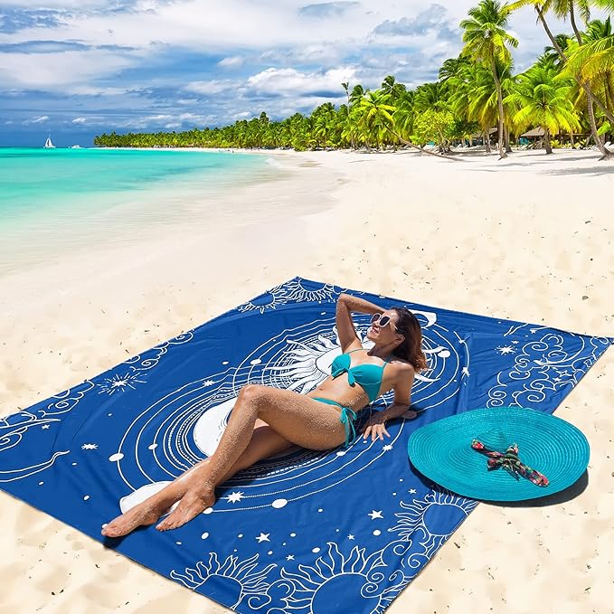 HIHOHO Beach Blanket Waterproof Sandproof Beach Mat for 1-8 Adults Quick Drying Durable Outdoor Picnic Mat for Beach Festival Travel Camping Hiking (BL-SUNMOON, 79"×83"(4 Person))