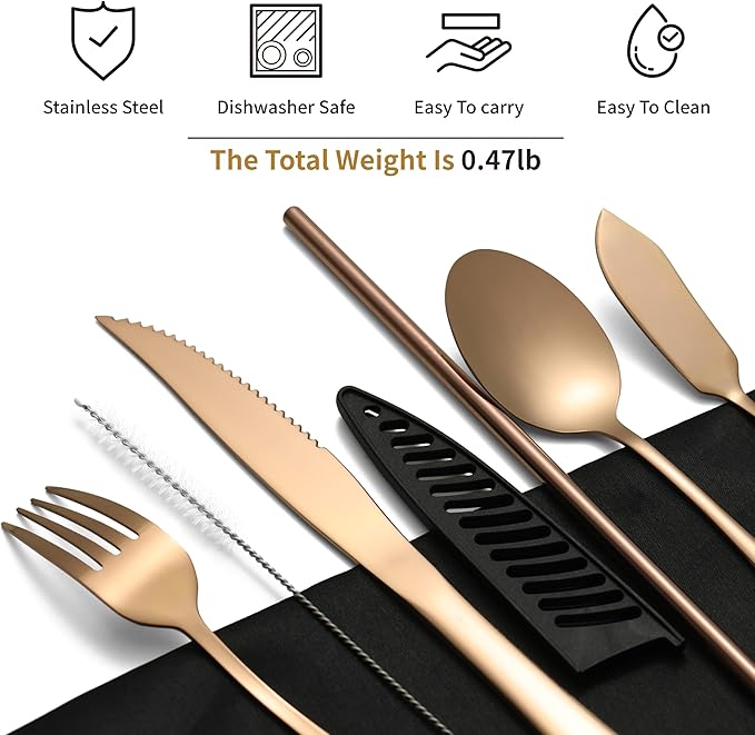 Travel Utensils with Case, Portable Silverware Set Stainless Steel Lunch Box Travel Cutlery Set for Work, Camping, Picnic, Hiking, Office (Rose Gold)