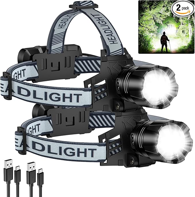 NiaoChao 2Pack Headlamp Rechargeable, 99000 LM Super Bright LED Head Lamp with 3 Modes, 90° Adjustable Head Lights for Forehead, 20+Hrs Runtime & IPX6 Waterproof HeadLamps for Camping Running