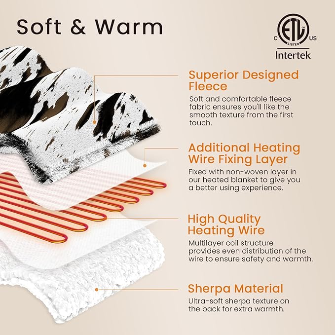 Heated Blanket Twin Blanket - Fast Heating Electric Blanket, Soft Flannel Heated Twin with 4 Time Settings,10 Heating Settings, Warm Gifts for Women & Mom & Grandma(62"x84"Cow Print White)