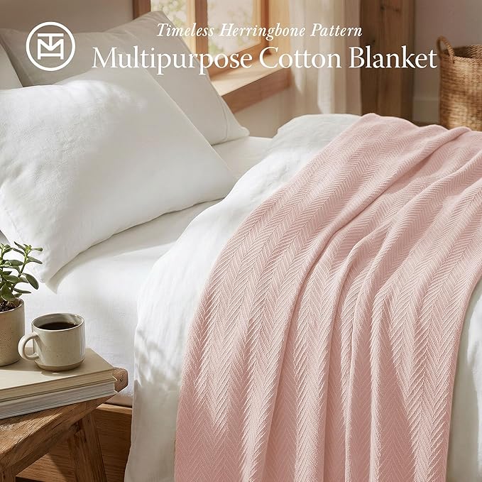 Threadmill Luxury Cotton Blankets for Queen Size Bed | All-Season 100% Cotton Queen Size Blanket | Herringbone Cozy, Soft Breathable Fall Thermal Blanket fits Full Size Bed | English Rose