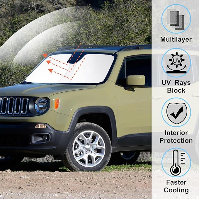 Windshield Sun Shade Custom Fit 2015-2020 2021 2022 2023 2024 Jeep Renegade Accessories Foldable Sunshade Sun Blocker Front Window Shades Covers Keep Car Cooler