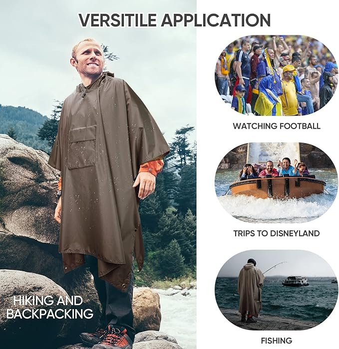 PTEROMY 3-in-1 Hooded Rain Poncho for Adult with Pocket, Waterproof Lightweight Unisex Raincoat for Hiking Camping Emergency