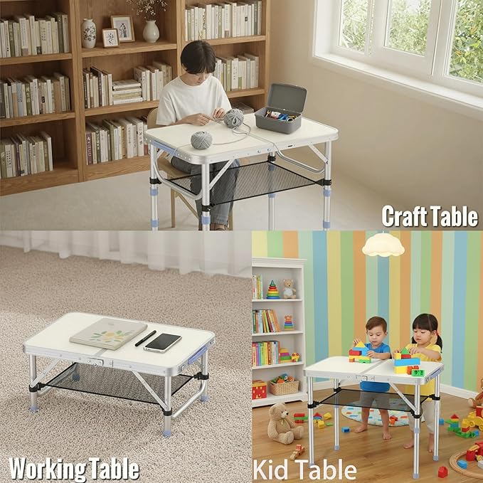 Small Folding Table Portable, 2ft Camping Pinic Table with 3 Adjustable Height, Aluminum Foldable Lightweight Patio Side Table with Carry Handle for Outdoor Indoor Hiking Camp BBQ Beach (White)