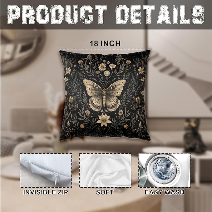 Vintage Moody Floral Butterfly Pillow Covers 18x18, Dark Cottagecore Decor, Dark Academia Botanical Moth Insect Decorative Throw Pillow Covers for Home Bedroom Living Room Sofa Couch