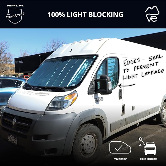 VanEssential Insulated Reflective Blackout Front Door Window Covers Designed for RAM Promaster Van Years 2014 to Current Model (Pair) - Black Reflective