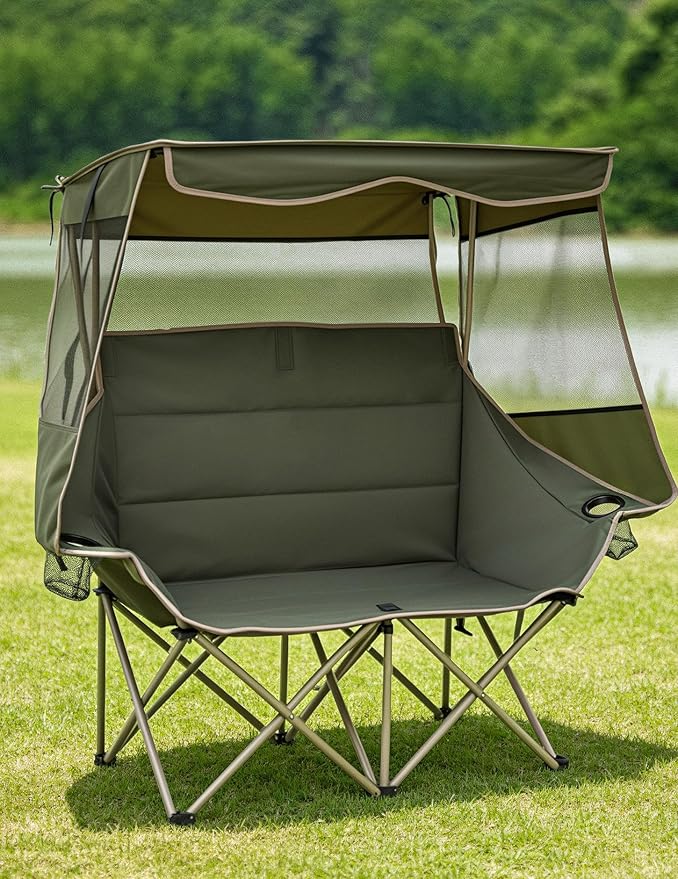 East Oak Padded Double Camping Chair with Canopy | 24" High Back Camping Couch for Adults with Full Sun Coverage, 14.7 lbs Lightweight, 660 lbs Heavy Duty Canopy Chair for Outdoors