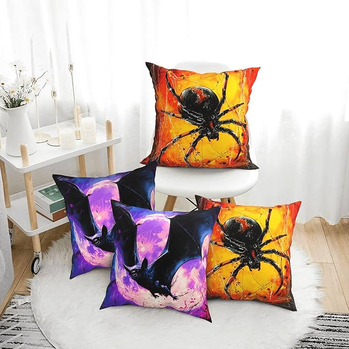 Halloween Bats Throw Pillow Covers 18 X 18 Inch Set of 4 Decorative Cushion Cover Home Decor for Sofa Chair Couch Bedroom Living Room