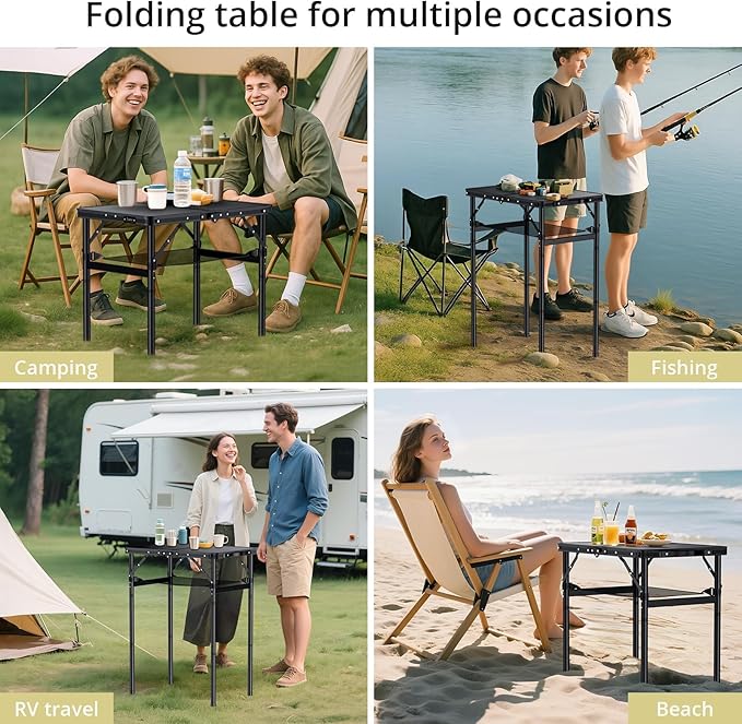 Anbte 2ft Folding Camping Table Max 29.5", 3 Adjustable Height Aluminum Small Folding Table with Storage Net & Portable Handle, Lightweight, for Travel Outdoor Beach Picnic Camp, 23.2" x 16", Black