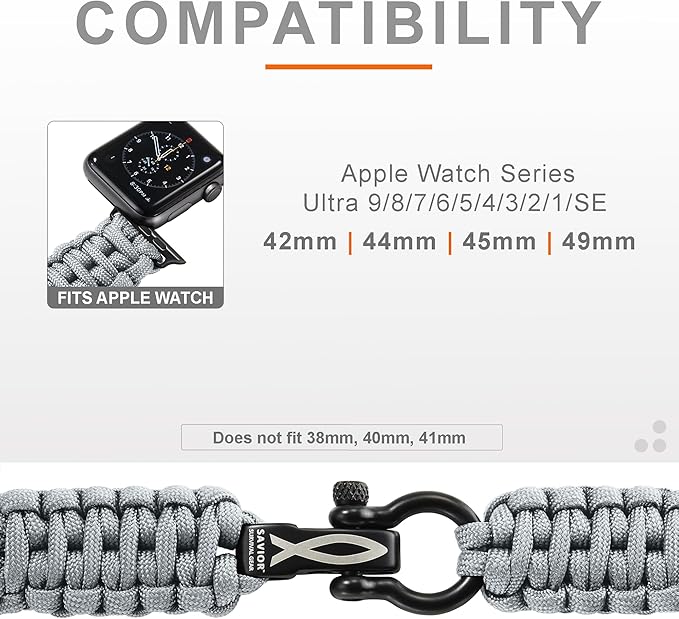 Savior Survival Gear Paracord Watch Band, Compatible with Apple Watch Band 49mm 46mm 45mm 44mm 42mm, iWatch Band Series Ultra 10 9 8 7 6 5 4 3 2 1 SE – Adjustable strap for men (Neutral Gray, X-Large)