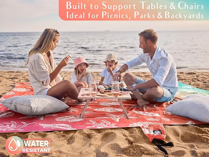 WEKAPO Beach Blanket Waterproof Sandproof Oversized, Extra Large Beach Mat Sand Free, Lightweight & Compact Sand Free Mat with 5 Stakes & 4 Corner Pockets