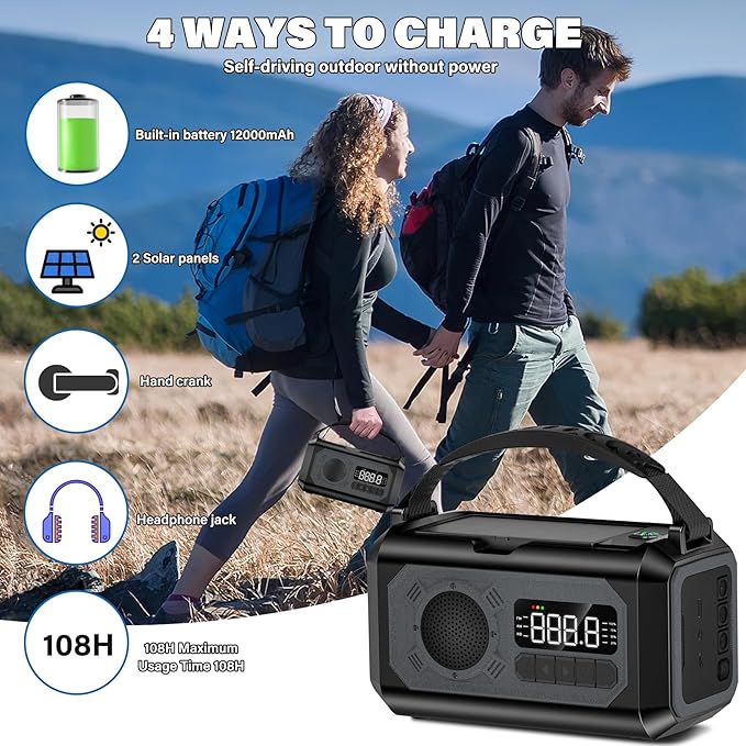 12000mAh Emergency Weather Radio, Hand Crank Solar Radio Portable AM/FM/NOAA Radio with 2 Solar Panels 3 Charging Methods SOS Alarm 3 Mode Flashlight Phone Charger Compass Reading Lamp