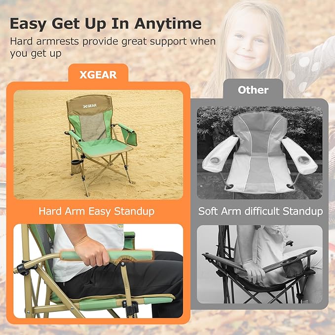 XGEAR Camping Chair Hard Arm High Back Lawn Chair Heavy Duty with Cup Holder, for Camp, Fishing, Hiking, Outdoor, Carry Bag Included