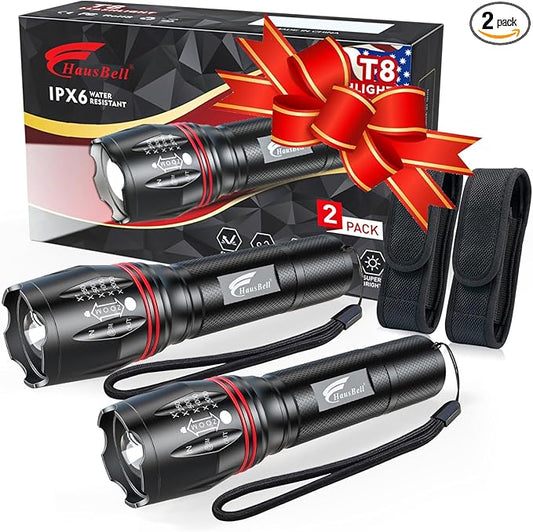 HAUSBELL T8 Upgraded Flashlight 2 Pack, 2000 Lumens High Lumens Tactical Flashlights, 5 Modes Zoomable Waterproof, with Batteries Included for Camping Emergency