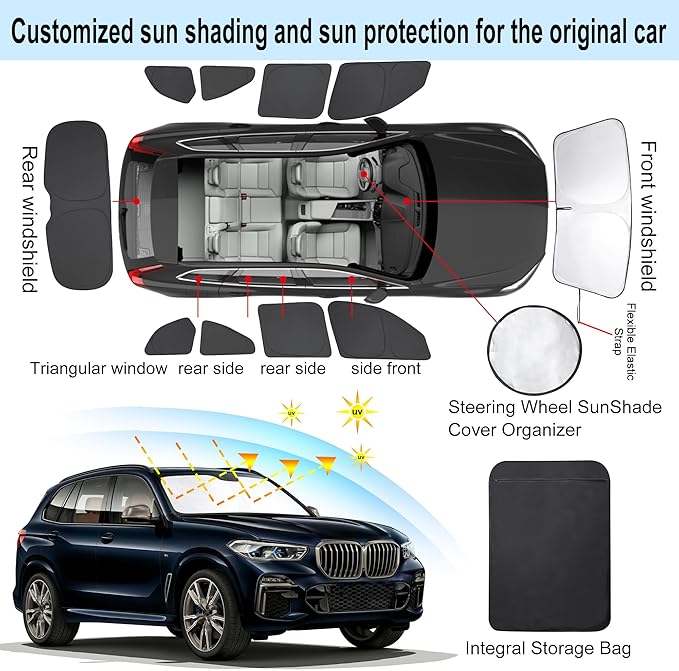 10PCS Windshield Sun Shade Set Custom Fit for 2019 2020 2021 2022 2023 2024 2025 BMW X5 Accessories Foldable Sunshade Side Rear Window Shade Cover Full Set Privacy Protection Keeps Car Cool