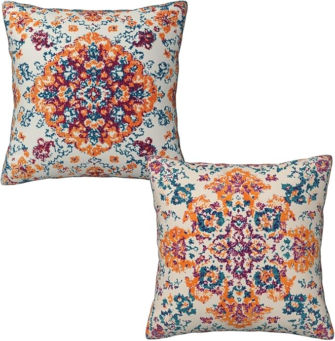 Vintage Bohemian Carpet Pattern Pillow Covers 18x18 inch Set of 2 Orange Blue Ethnic Pillow Case Cushion Cover for Home Sofa Couch Living Room Car Decor