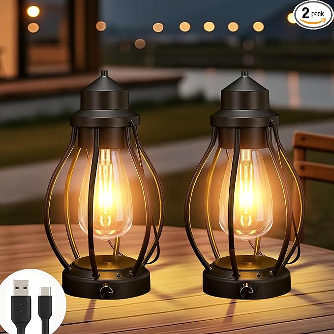 pearlstar Rechargeable Camping Lanterns 2 Pack Black Portable LED Decorative Lamps Outdoor Indoor Battery Operated/USB-C Charge, Dimming Edison Blub light with Timer, for Table Patio Garden Yard Porch