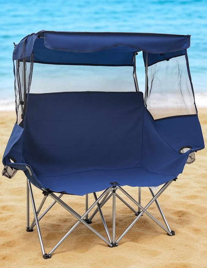 East Oak Double Camping Chair with Canopy | 24" High Back Camping Couch for Adults with 360° Sun Protection, 14.7 lbs Lightweight, 660 lbs Heavy Duty Canopy Chair for Outdoors