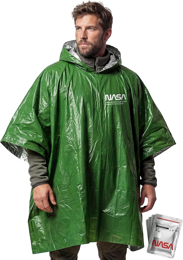 NASA Survival Ponchos (4 Pack), Anti-Tear Mylar™, 92% Heat Retention, Green