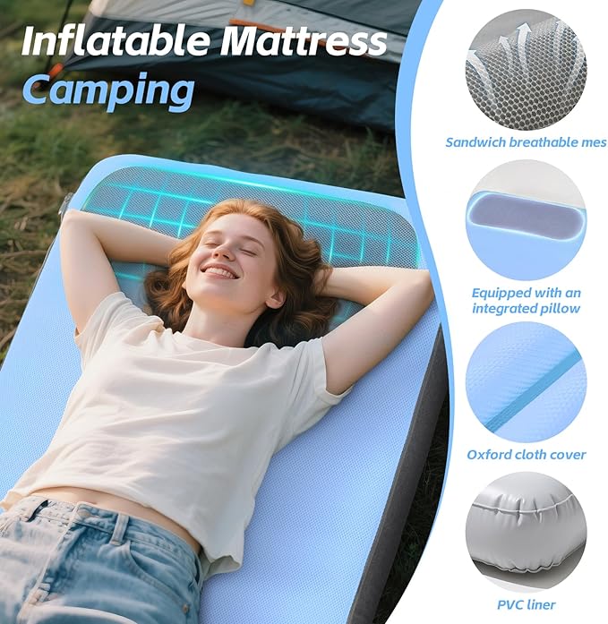 Sleeping Pad, 5.5" Thick Self Inflating Sleeping Pad with Electric Pump,4 Season Camping Mattress Pad with Built-in Pillow, Camping Essentials Gear for Hiking, Backpacking,Tent Use,Camping(Blue)