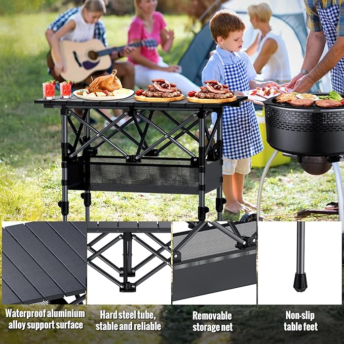 GARLLEN Folding Camping Table, 2-Height Adjustable Portable Picnic Table with Roll-up Tabletop, Lightweight Aluminum Outdoor Table with Storage Net & Carrying Bag for Camping, Picnic, BBQ