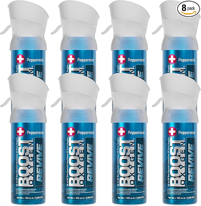 Boost Oxygen Pocket Size REVIVE Peppermint Aroma 3 Liter Canister | All-Natural Resiratory Support for Aerobic Recovery, Altitude, Performance and Health (8 Pack)