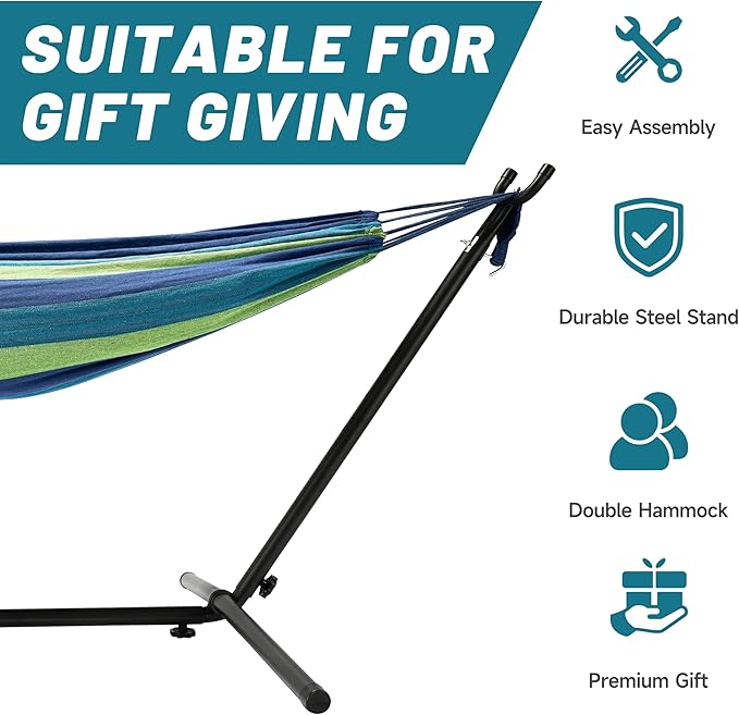 Hammock with Heavy-Duty Steel Stand for Outside，Hammocks 450 Lb Capacity，Portable Hammock，2 People Standing Hammocks，Suitable for Beach，Backyard, Gardens, Patio, Bedroom，100 * 40 * 38 Inch (Blue)