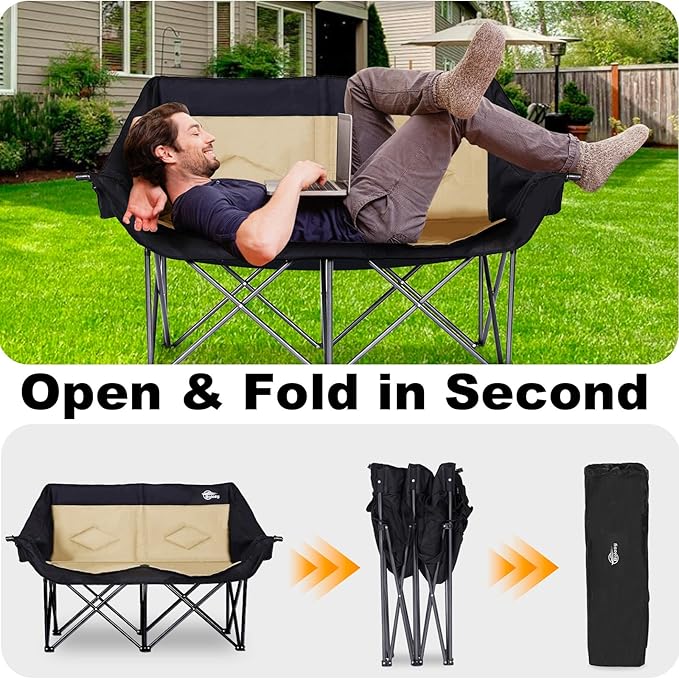 Bolosy Double Camping Chair Loveseat Camping Chair Double Folding Chair Camp Chairs for Adults Heavy Duty Two Person Camp Chair Padded Camping Couch 2 Person Lawn Chairs - Support 650 lbs - Khaki