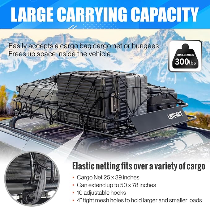 LWTURMRT Heavy Duty 54"X36"Roof Rack Cargo Basket Universal Rooftop Cargo Carrier with Waterproof Cargo Bag 18 Cubic Feet (54"X34"X17") Cargo Net