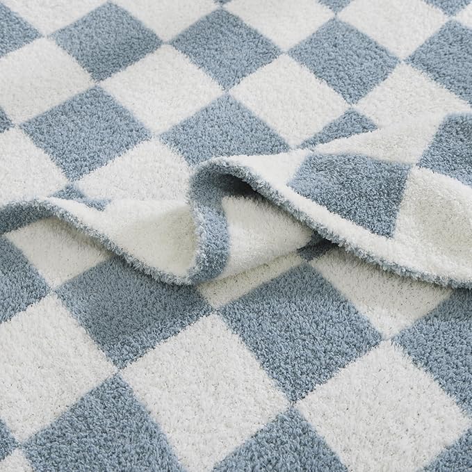 WRENSONGE Checkered Throw Blanket, Grey Blue Soft Cozy Fluffy Warm Hand Made Throw Blankets for Couch, Sofa, Chair, Bed, Camping, Picnic, Travel Lightweight Bed Blanket - 50"*60"
