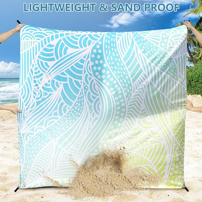 HIHOHO Beach Blanket Waterproof Sandproof Beach Mat for 1-8 Adults Quick Drying Durable Outdoor Picnic Mat for Beach Festival Travel Camping Hiking (Gradiant BL&GN-Ripple, 79"×108"(6 Person))