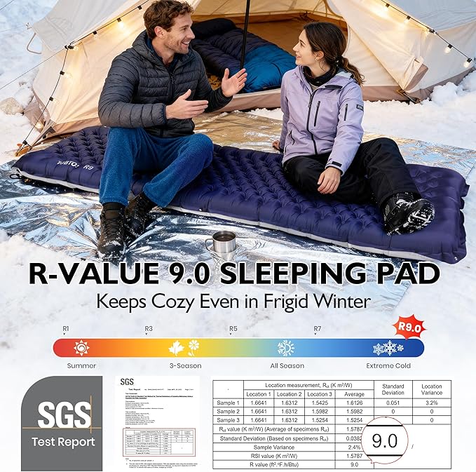 TOBTOS Camping Sleeping Pad with 9.0 R-Value, 4" Thick Inflatable Camping Mattress for All Season, Compact Insulated Sleeping Mat for Backpacking & Hiking (Rectangular)