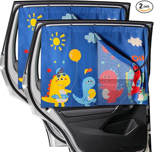 DIZA100 Car Window Shades, 2 PCS Magnetic Double Layer Sun Shade, Side Windows Privacy, Full Covers/Half Shade Options, Cute Dinosaurs, Compatible with Car, SUV, Minivan