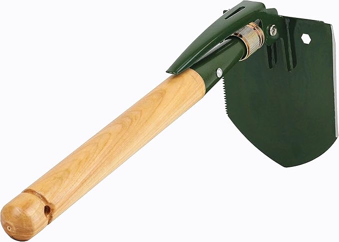 MASTIFF GEARS Folding Survival Shovel - Wooden Handle, Heavy Duty Carbon Steel Military Entrenching Tool for Camping, Off Road, Beach & All-Terrain Digging (Classic w/Pick)