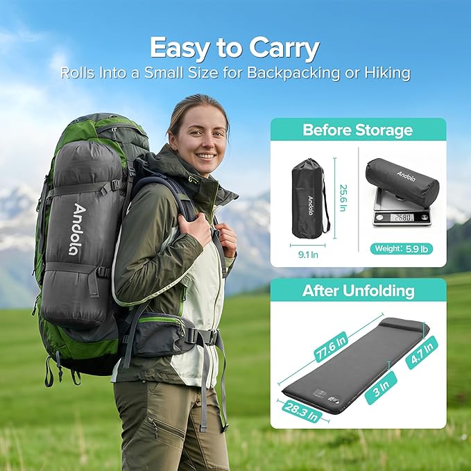 Self-Inflating Sleeping Pad for Camping, 3" Ultra-Thick Outdoor Camping Mat with Pillow & 9.5 R-Value, Insulated All-Season Foam Camping Mattress for Camping Travel Tent Car