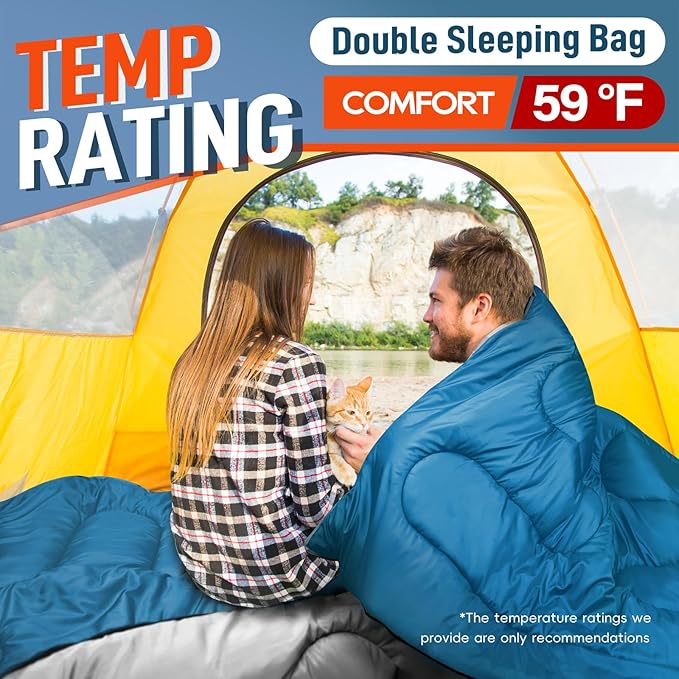 MEREZA Double Sleeping Bag for Adults Mens with Pillow, XL Queen Size Two Person Sleeping Bag for All Season Camping Hiking Backpacking 2 Person Sleeping Bags for Cold Weather & Warm