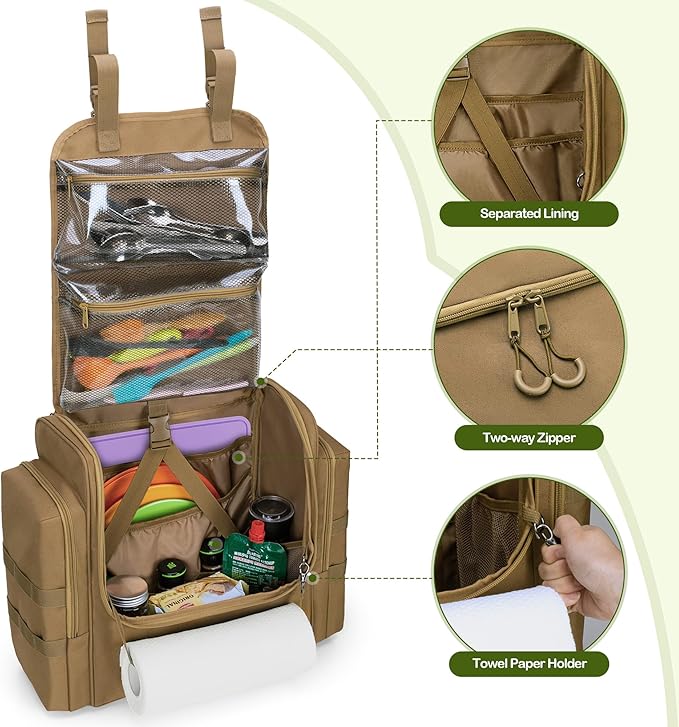 HODRANT Large Tactical Camping Kitchen Organizer, Hanging Cookware Storage Bag with Paper Towel Holder & Multi Pockets, Portable Camp Utensil Organizer for BBQ Cooking Essentials, Khaki, Bag Only