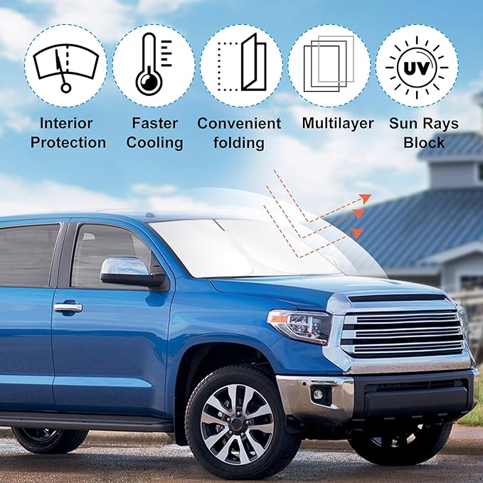 Windshield Sun Shade Custom Fit 2007-2024 2025 2026 Toyota Tundra Accessories Foldable Sunshade Front Window Covers Sun Blocker Protect Car from Sun Rays & Heat Damage