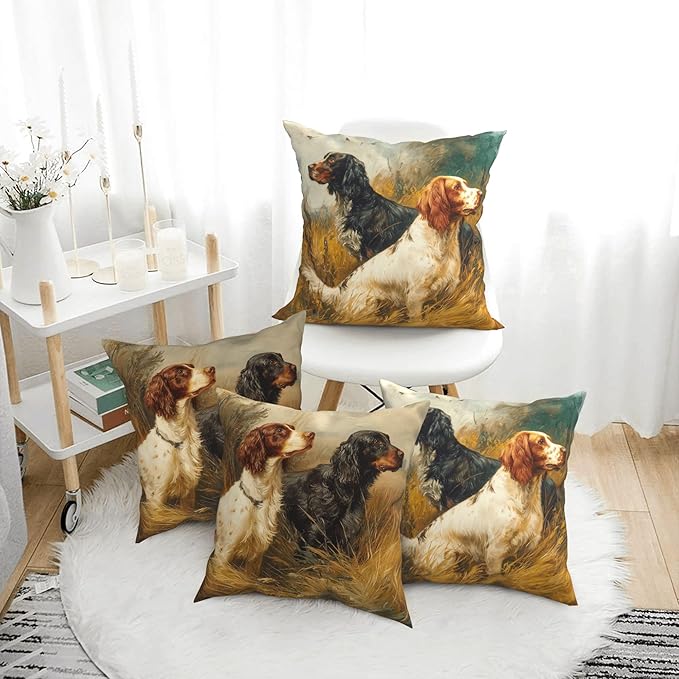 Vintage Dog Throw Pillow Covers 18 X 18 Inch Set of 4 Decorative Cushion Cover Home Decor for Sofa Chair Couch Bedroom Living Room