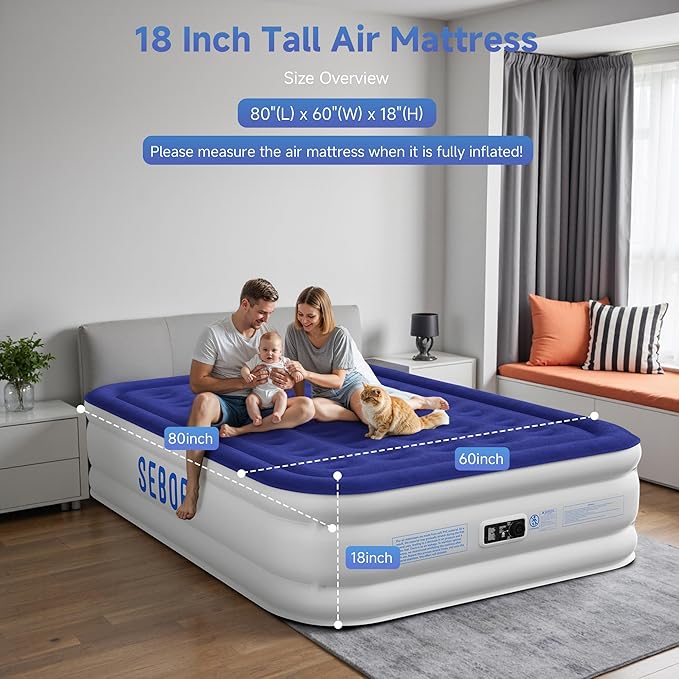 Sebor Air Mattress Queen with Built-in Pump 18", Comfortable Self-Inflating Air Mattress with High-Speed Pump, Durable Blow Up Mattress Queen with Storage Bag for Guests, Camping, Travel