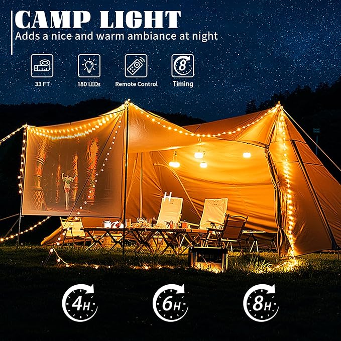 Solar Camping Lights 180LEDs 33FT,Rechargeable 4 in1 Camping String Lights with13 Modes&Timer,Waterproof Christmas Twinkle Lights for Tent,Yard,Outdoor,Garden,Hiking,Travel Decor