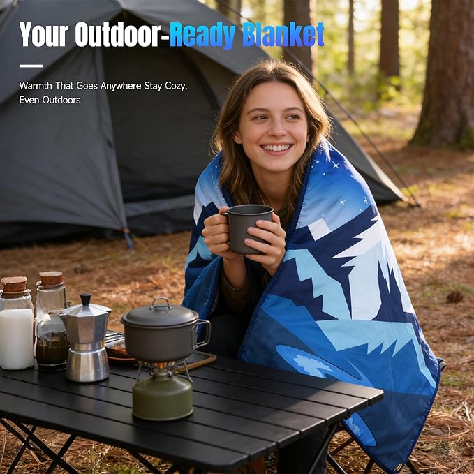 Tirrinia Waterproof Outdoor Blanket, Warm Windproof Stadium Blankets with Sherpa Lining, Foldable Camping Blanket, Emergency Blanket with Mountain Landscape Design for Car, Beach, Picnic, Hiking