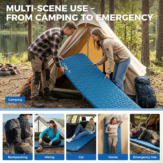 ATEPA Self-Inflating Sleeping Pad, Compact Foam Camping Pad with 3cm High-Resilience 4-Side-Compression Sponge, Lightweight & Portable Mat for Backpacking, Hiking, Camping, Blue