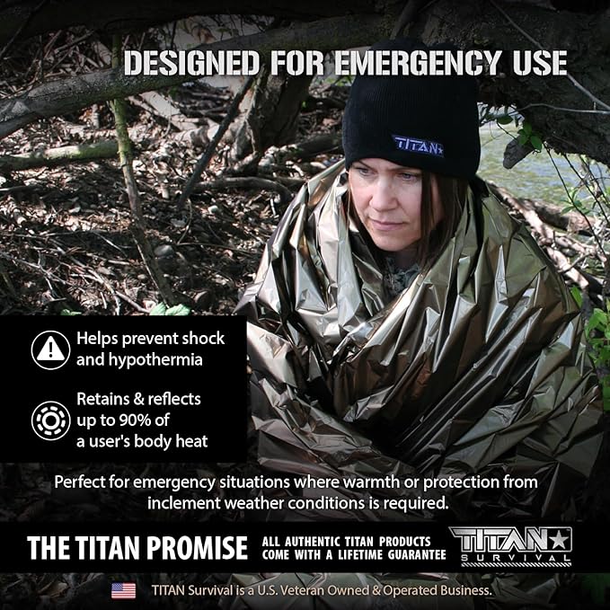 TITAN Survival Premium Mylar Survival Blankets (5 Pack) Thermal Emergency Survival Blanket for Camping, Hunting, Hiking - 90% Heat Retention & Waterproof - Portable Space Blanket w/Size Options