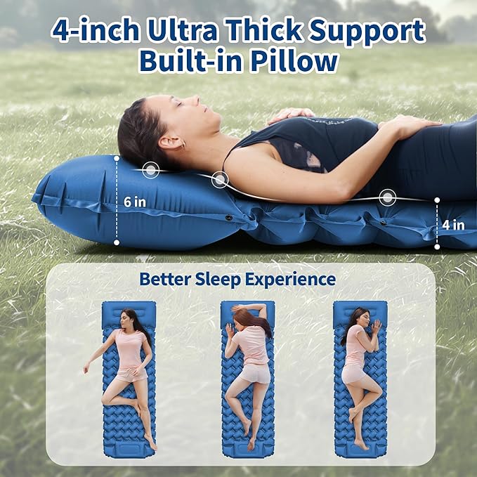 Sleeping Pad for Camping - 4” Thick Inflatable Camping Mat with Built-in Pump & Pillow, Ultralight Self Inflating Camping pad, Backpacking Sleeping Mat for Hiking, Tent, Traveling