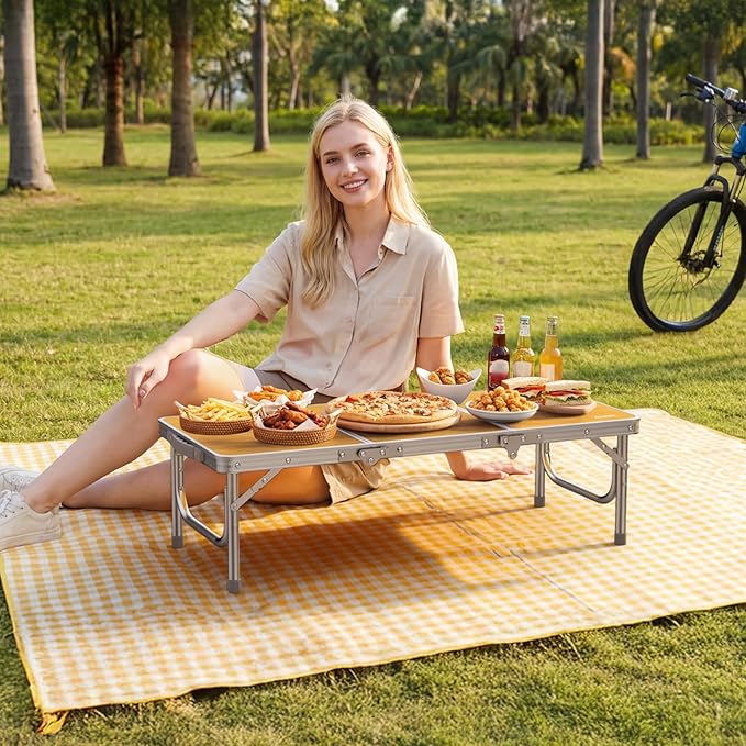 Anbte 34.2" x 15.7" Low Folding Picnic Table, 10.3" Height Thicker Aluminum Small Camping Table with Storage Bag, Portable Handle, Lightweight, for Camping Beach Party Picnic Floor, Yellow